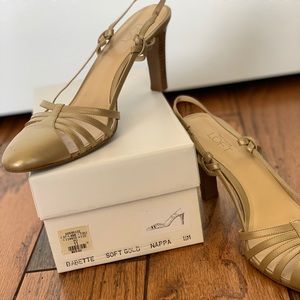 Ann Taylor Loft Babette Gold Leather Wood Heels